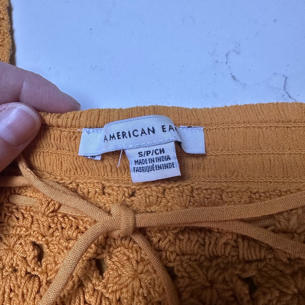 American Eagle Mustard Crochet Peasant Blouse - Picture 2 of 5
